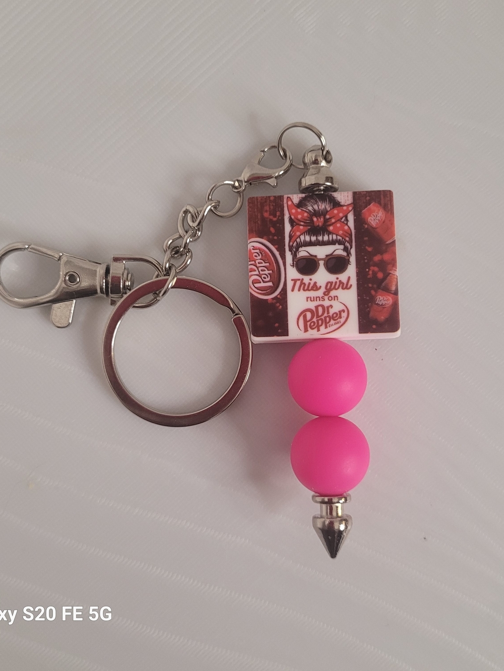Handmade "This Girl Loves" Dr Pepper Pink Bead Keychain